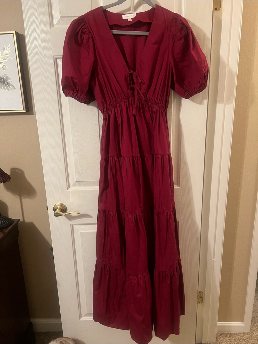 NWOT Flying Tomato Women's Burgundy Tiered Maxi Dress with Puff Sleeves Sz Small